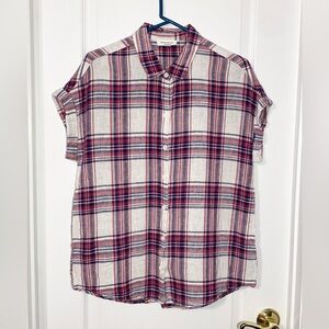 BeachLunchLounge LINEN Blend Plaid Short Sleeve Button Down Top Red White Blue L